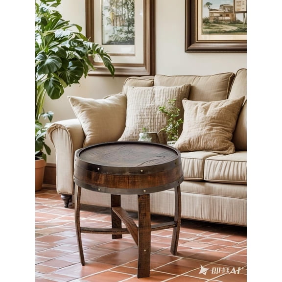 NDDKSII Whiskey Barrel Side Table - Reclaimed Oak Coffee Table with Industrial Metal Base, Rustic End Table for Living Room, Patio, Man Cave & Bourbon Decor