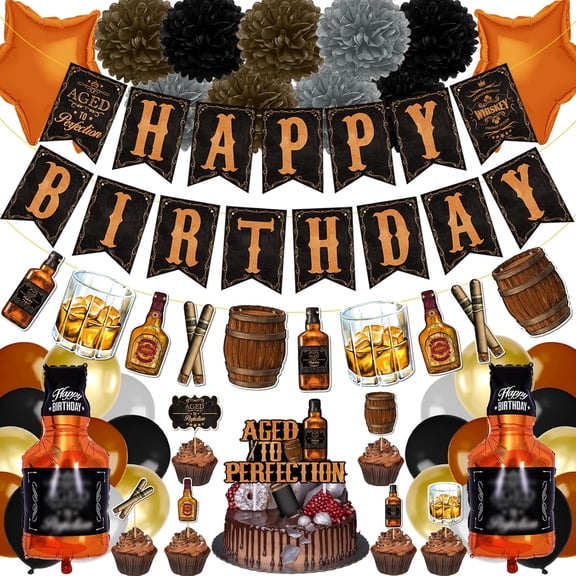 Whiskey Birthday Party Decorations Set with Banner Cake Toppers Foil Balloons and Tissue Paper Flowers Brown