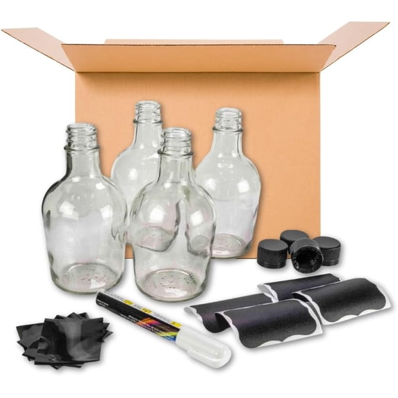 Whiskey Bottling Kit - Bootleg Bottle Set with (4) 375ml Glass Bottles, Caps, Shrink Wrap Sleeves, Chalkboard Labels & Pen - for Homemade Bourbon Making, Barrel Aged Cocktails & Whiskey Infusions