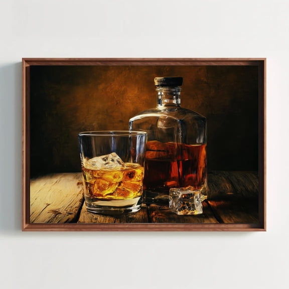 Whiskey Bourbon Still Life Bar Cart Moody Man Cave Wall Art, Unframed Canvas 8x10in