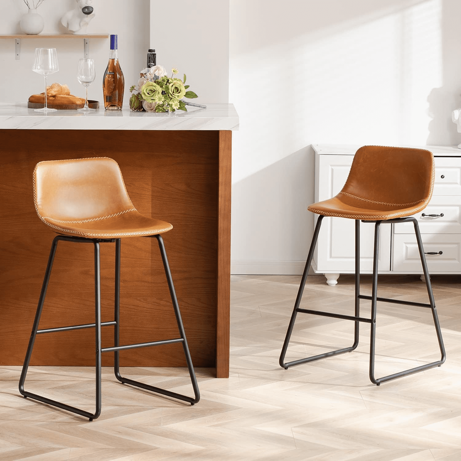 Whiskey Brown Bar Stools 26 Inch Counter Height Stools with Back for