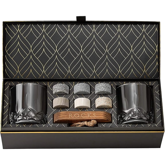 Whiskey Chilling Stones Gift Set - 6 Handcrafted Premium Granite Round Sipping Rocks - 2 Crystal Glass Tumblers - Hardwood Presentation & Storage Tray - Elegant Gold Foil Gift Box by R.O.C.K.S.
