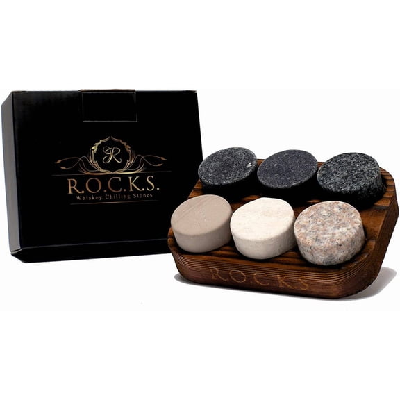 Whiskey Chilling Stones - Set of 6 Handcrafted Premium Granite Round Sipping Rocks - Hardwood Presentation & Storage Tray by R.O.C.K.S.