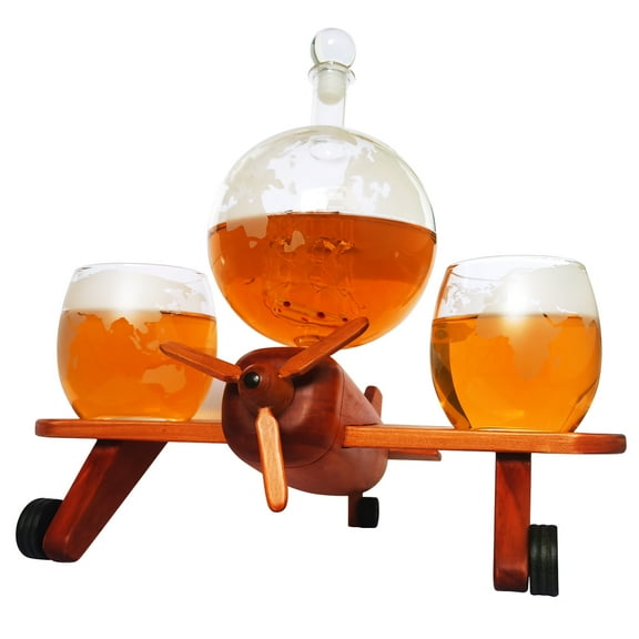 Whiskey Decanter Airplane Model Gift Set with 2 Etched Globe Whisky Glasses and 1 Funnel - for Liquor, Scotch, Bourbon, Vodka, Gifts for Men