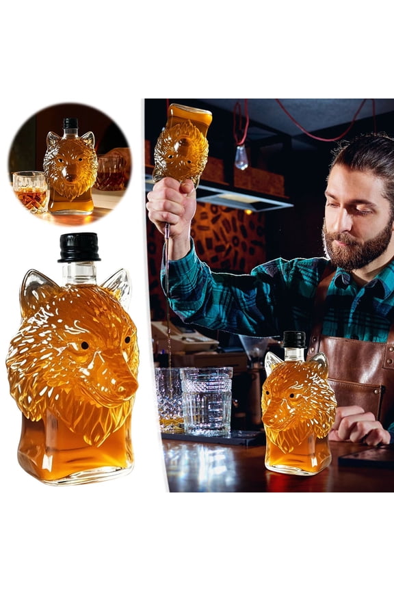Whiskey Decanter, Gaqring Premium Wolf Head Crystal Whiskey Bottle, Heavy Glass Decanter with Metal Lid for Liquor Collection Gift Display