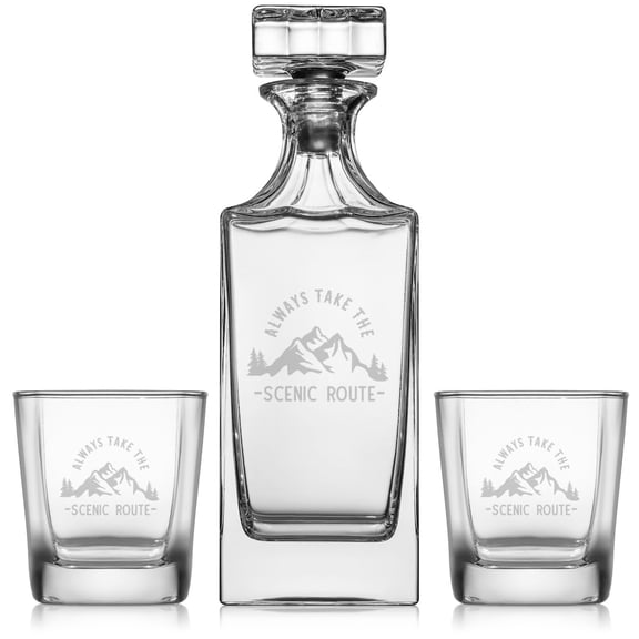 Whiskey Decanter Gift Set With 2 Whiskey Old Fashioned Rocks Glasses Always Take The Scenic Route Adventure Camping Hiking Outdoors