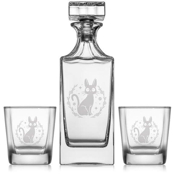 Whiskey Decanter Gift Set With 2 Whiskey Old Fashioned Rocks Glasses Anime Cat