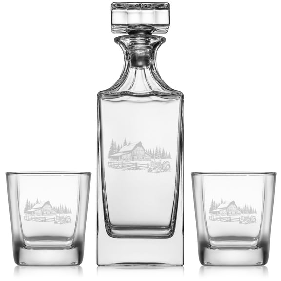 Whiskey Decanter Gift Set With 2 Whiskey Old Fashioned Rocks Glasses Barn & Tractor Farm with Trees