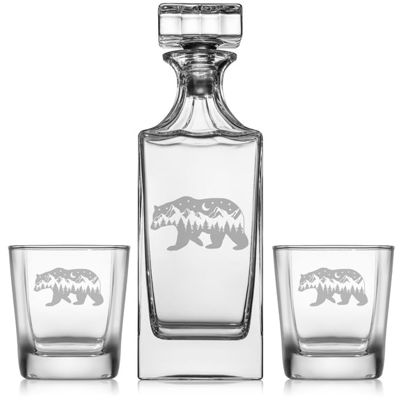 Whiskey Decanter Gift Set With 2 Whiskey Old Fashioned Rocks Glasses Bear Mountains Forest Cabin