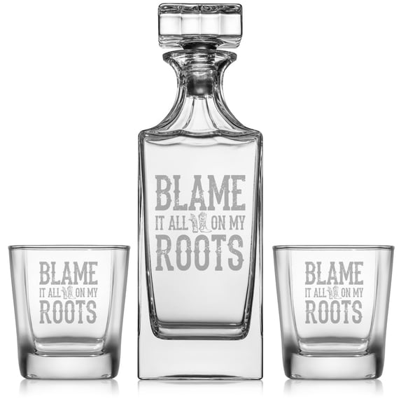 Whiskey Decanter Gift Set With 2 Whiskey Old Fashioned Rocks Glasses Blame It All On My Roots Cowboy Cowgirl Boots Country Music