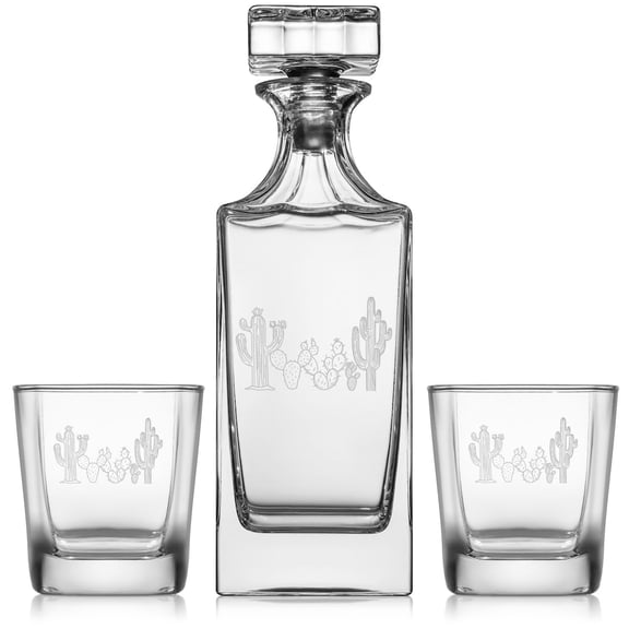 Whiskey Decanter Gift Set With 2 Whiskey Old Fashioned Rocks Glasses Cactus Cactuses Cacti