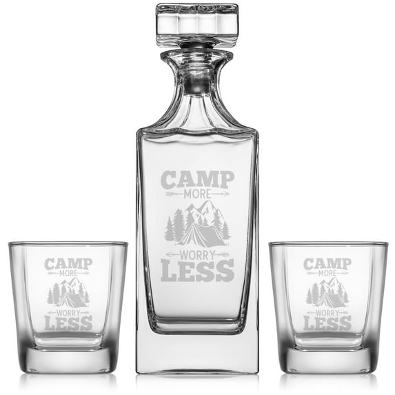 Whiskey Decanter Gift Set With 2 Whiskey Old Fashioned Rocks Glasses Camp More Worry Less Funny Camping