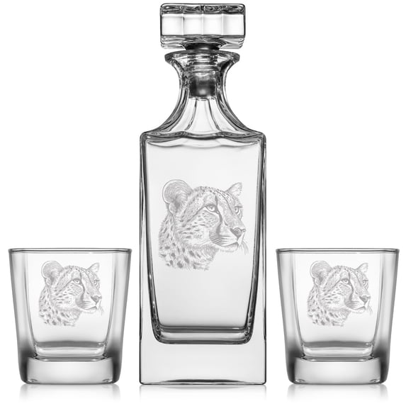 Whiskey Decanter Gift Set With 2 Whiskey Old Fashioned Rocks Glasses Cheetah Head
