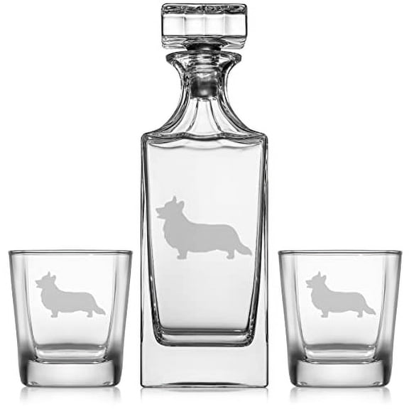 Whiskey Decanter Gift Set With 2 Whiskey Old Fashioned Rocks Glasses Corgi Pembroke Welsh