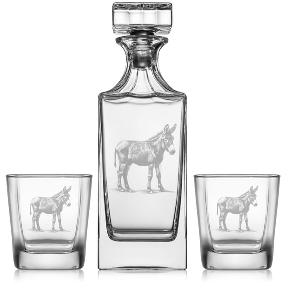 Whiskey Decanter Gift Set With 2 Whiskey Old Fashioned Rocks Glasses Donkey