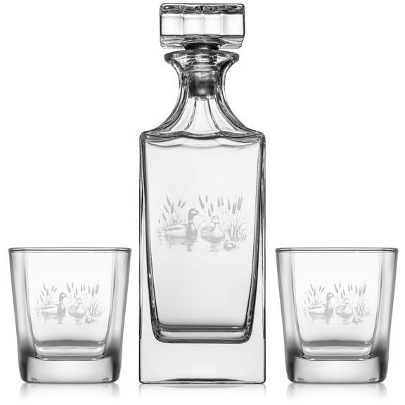 Whiskey Decanter Gift Set With 2 Whiskey Old Fashioned Rocks Glasses Duck Family