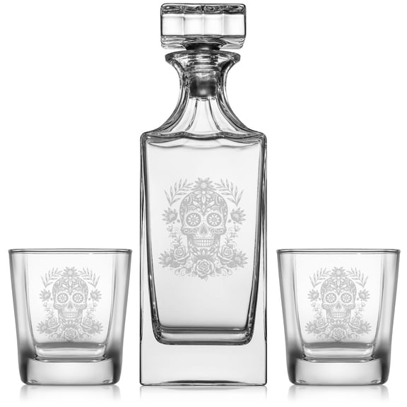 Whiskey Decanter Gift Set With 2 Whiskey Old Fashioned Rocks Glasses El Da de los Muertos Day of the Dead Skull