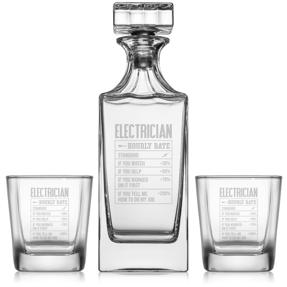 Whiskey Decanter Gift Set With 2 Whiskey Old Fashioned Rocks Glasses Electrician Hourly Rate Funny