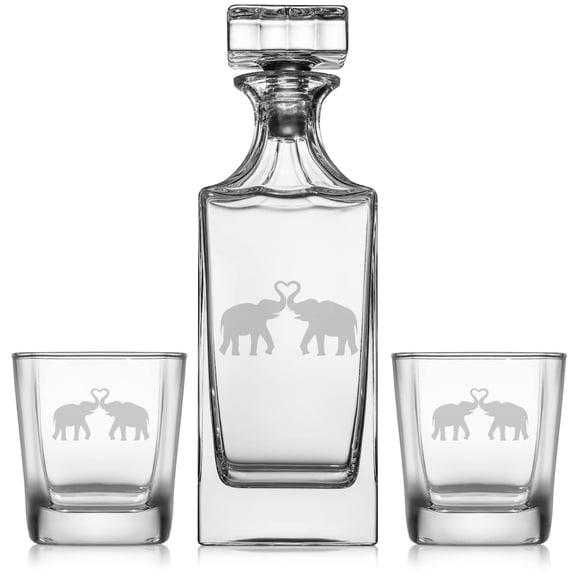 Whiskey Decanter Gift Set With 2 Whiskey Old Fashioned Rocks Glasses Elephants Making Heart