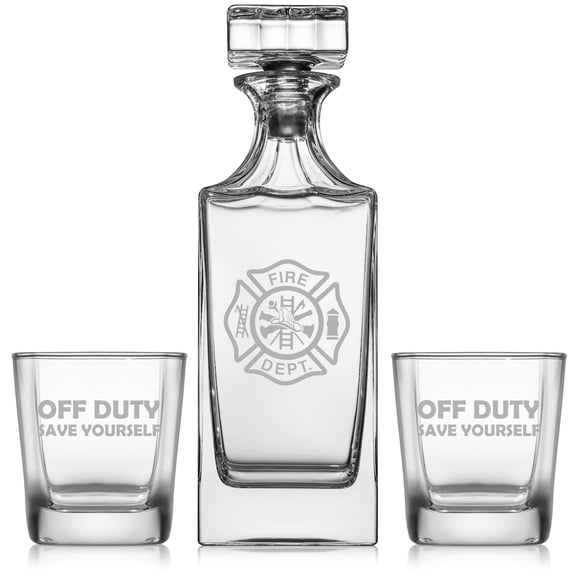Whiskey Decanter Gift Set With 2 Whiskey Old Fashioned Rocks Glasses Fire Department Firefighter Off Duty Save Yourself Funny