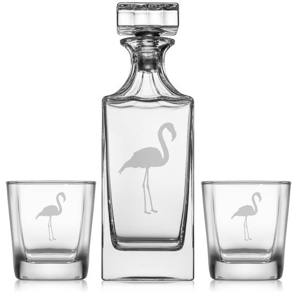Whiskey Decanter Gift Set With 2 Whiskey Old Fashioned Rocks Glasses Flamingo