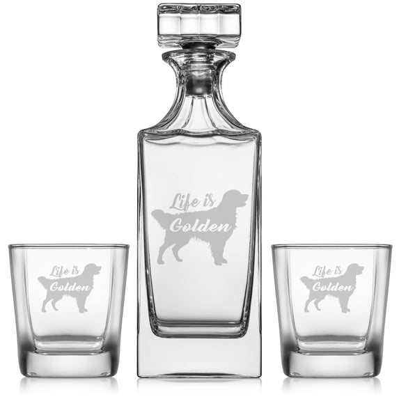 Whiskey Decanter Gift Set With 2 Whiskey Old Fashioned Rocks Glasses Golden Retriever 'Life is Golden'