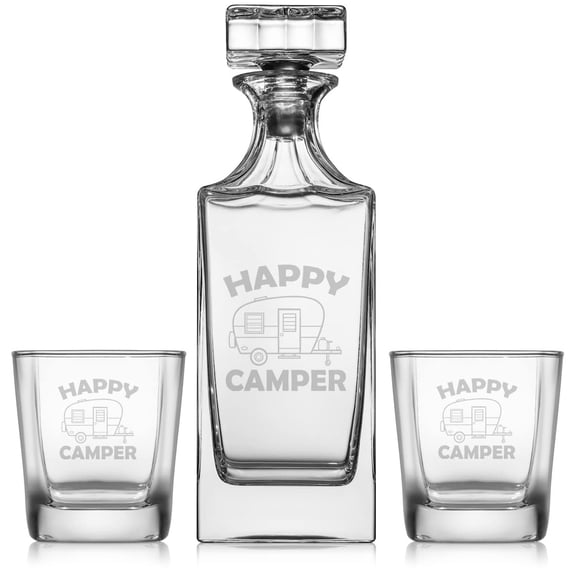 Whiskey Decanter Gift Set With 2 Whiskey Old Fashioned Rocks Glasses Happy Camper