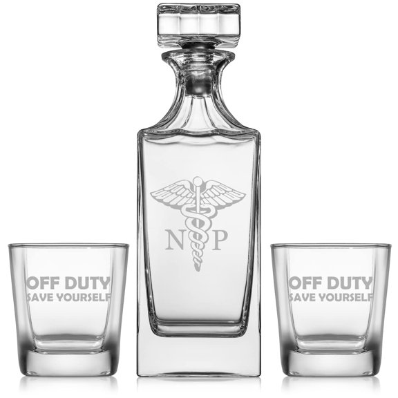 Whiskey Decanter Gift Set With 2 Whiskey Old Fashioned Rocks Glasses NP Nurse Practitioner Caduceus Off Duty Save Yourself Funny