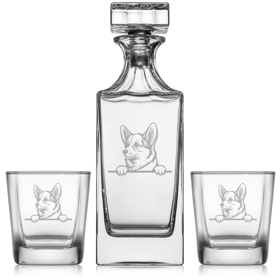 Whiskey Decanter Gift Set With 2 Whiskey Old Fashioned Rocks Glasses Peeking Corgi Dog