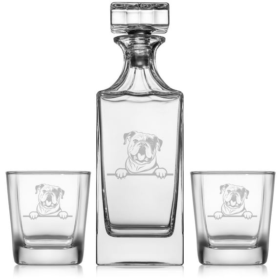 Whiskey Decanter Gift Set With 2 Whiskey Old Fashioned Rocks Glasses Peeking English Bulldog