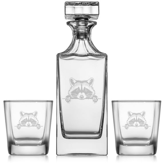 Whiskey Decanter Gift Set With 2 Whiskey Old Fashioned Rocks Glasses Peeking Raccoon