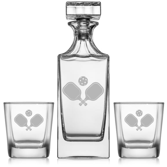 Whiskey Decanter Gift Set With 2 Whiskey Old Fashioned Rocks Glasses Pickleball Paddles