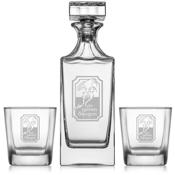 Whiskey Decanter Gift Set With 2 Whiskey Old Fashioned Rocks Glasses The Green Dragon