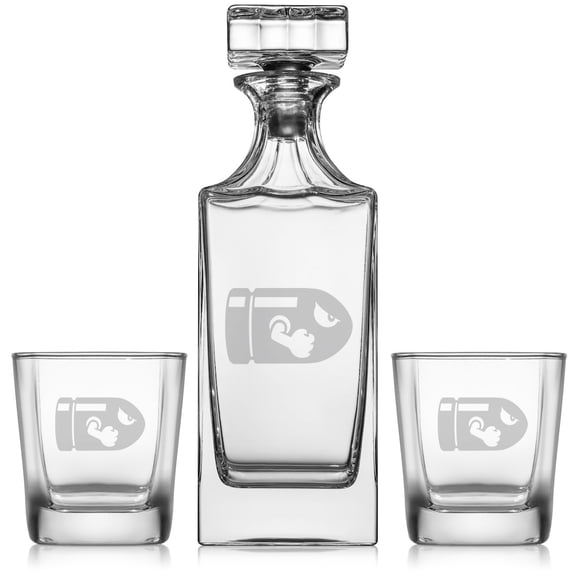 Whiskey Decanter Gift Set With 2 Whiskey Old Fashioned Rocks Glasses Video Game Bullet