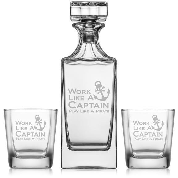 Whiskey Decanter Gift Set With 2 Whiskey Old Fashioned Rocks Glasses Work Like A Captain Play Like A Pirate Funny