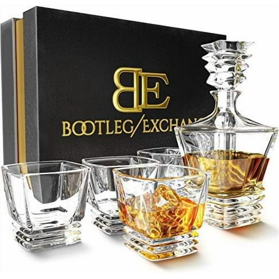 Whiskey Decanter Glass Set with 4 Tumbler Highball Glasses for Scotch, Bourbon or Whiskey Stylish Gift for Men. Genuine Lead-Free Crystal Decanters for Alcohol.$$Home Decor, Kitchen, & Other