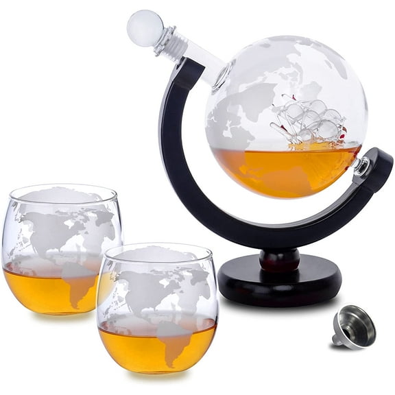 Whiskey Decanter Globe Set with 2 Etched Whisky Glasses - Globe Decanter Suitable for Liquor, Scotch, Bourbon, Brandy, Vodka XJQ12