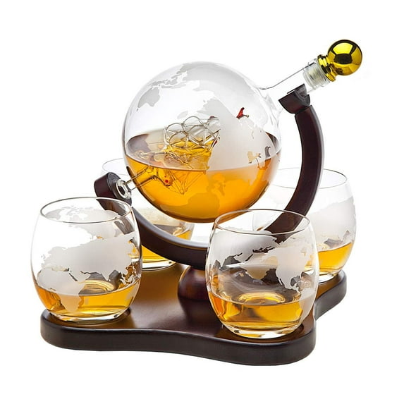 Godinger Whiskey Decanter Globe Set with 4 Etched Glasses for Liquor, Scotch, Bourbon, Vodka, Gifts for Men - 850ml Clear