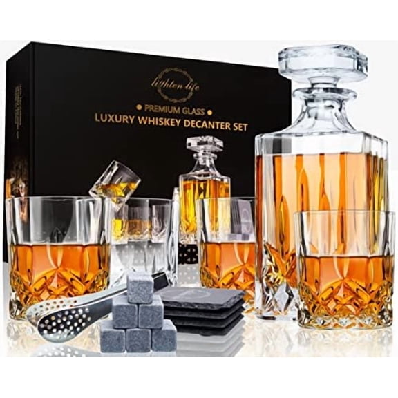 Whiskey Decanter Set with Bar Accessories,Crystal Whiskey Decanter and Glass Set in Gift Box,Non-Lead Bourbon Decanter Set for Rum Scotch,Wedding Anniversary Birthday Gift for Men Him Dad