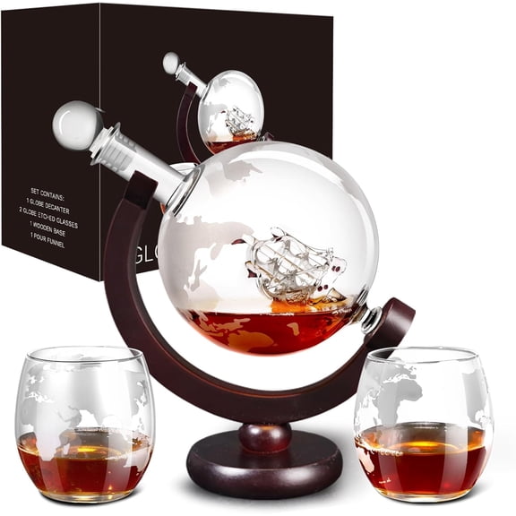 Whiskey Decanter Set,Gift for Men Dad Christmas, Decanter Globe Set with 2 Glasses for Liquor Bourbon Cocktails Vodka Scotch, Decanter Sets for Men Cool Stuff Whiskey Gift - 850ml