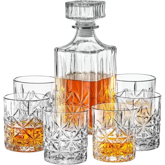 Whiskey Decanter Set with Glasses - Prestigious Whiskey Set with 25oz Liquor Decanter and 6 Glasses - Upscale Whisky Decanter & Glass Set - Birthday Gifts Fathers Day