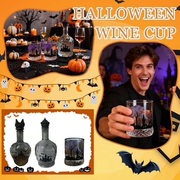Whiskey Decanter Set, Vintage Gothic Style Ornaments, Glass Bottle and Wine Bottles for Halloween Decor, Halloween Party Decorations, 3PCS
