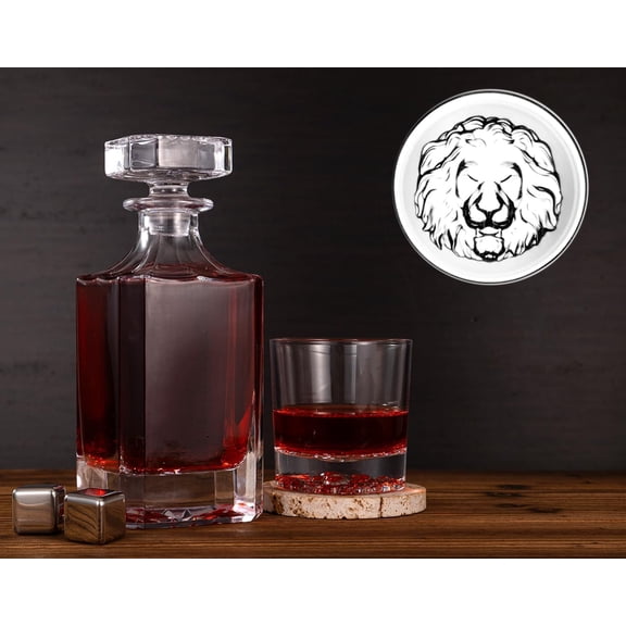 Whiskey Decanter Set with Wooden Box, Lion Whiskey Glasses 10 oz and 25 oz Bourbon Decanter Set with 18/10 Stainless Steel Whiskey Stones, Tongs, Whiskey Gifts for Men Husband Dad Wedding