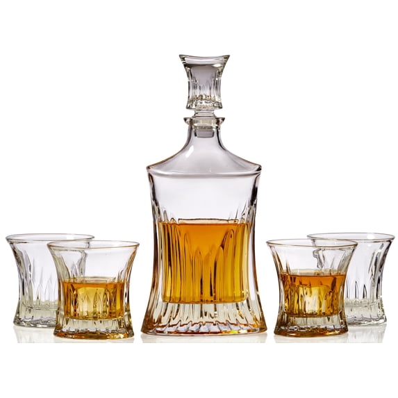 Whiskey Decanter Set of 5 – Luxury Whisky Decanter and Glass Stopper with 4 Old Fashioned Glasses - Premium Stylish Shape and Classic Design