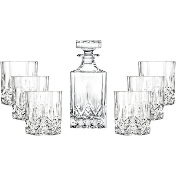 Whiskey Decanter and Tumbler 7 pc Set - Glass - For Whiskey, Liquor, Scotch, Bourbon - 25 oz. Square Decanter with 6-10 oz. Double Old Fashioned Tumblers- By Barski - Made in Europe