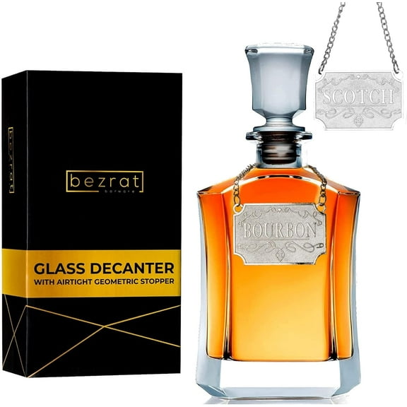 Whiskey Decanter With Label Tag - Bottle Metal Name Tags - Glass Airtight Stopper for Wine, Bourbon, Brandy, Juice, Water - Decanter Sets For Men Christmas Gifts for Dad Boyfriend Husband Him - 24 oz