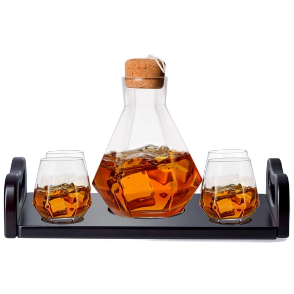 Whiskey Diamond Decanter Glass Set - 4 Diamond Glasses & Mahogany Wooden Base Tray - Gift Packaging - Elegant Glass Whiskey Dispenser For Liquor, Scotch, Rum, Bourbon, Vodka, Tequila, Wine - Bezrat