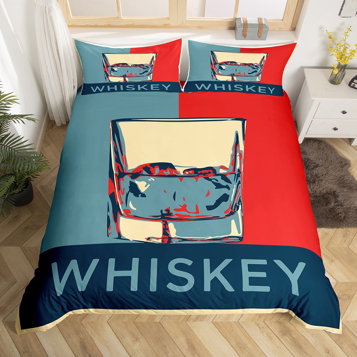 Whiskey Duvet Cover Queen, Alcoholic Drinks Bedding Set For Adult, Retro Liquid Drink Glass