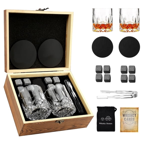 Whiskey Gift Set with 2 Crystal Glasses, 8 Whiskey Stones, Tongs, Coasters & Recipe Cards, Wooden Gift Box, Ideal for Men Gifts