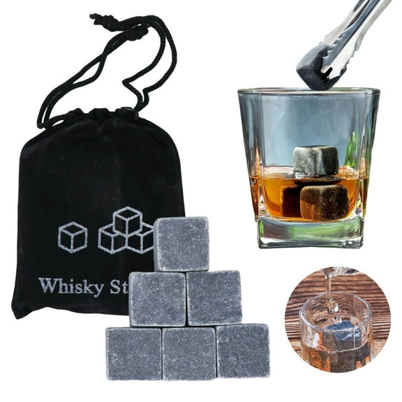 Gifts for Men, 6 Reusable Soapstone Cooling Stones with Tongs & Sack, Christmas Stocking Stuffers for Dad Husband Father, Non-Diluting Drink Chillers